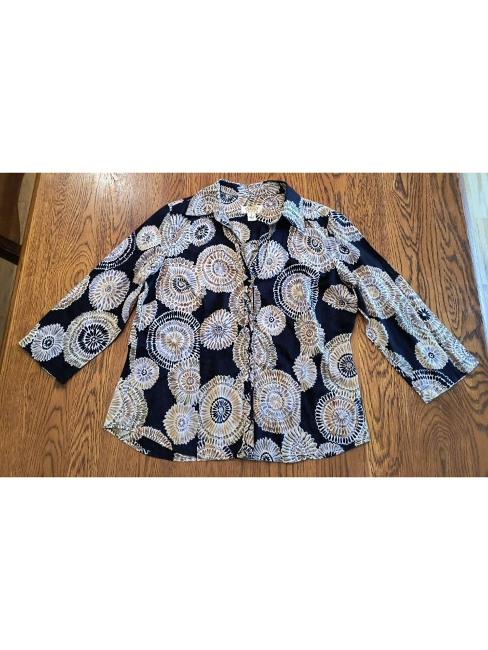 Talbots Petite Floral Button-Up Blouse 3/4 Sleeves Navy Beige Womens L